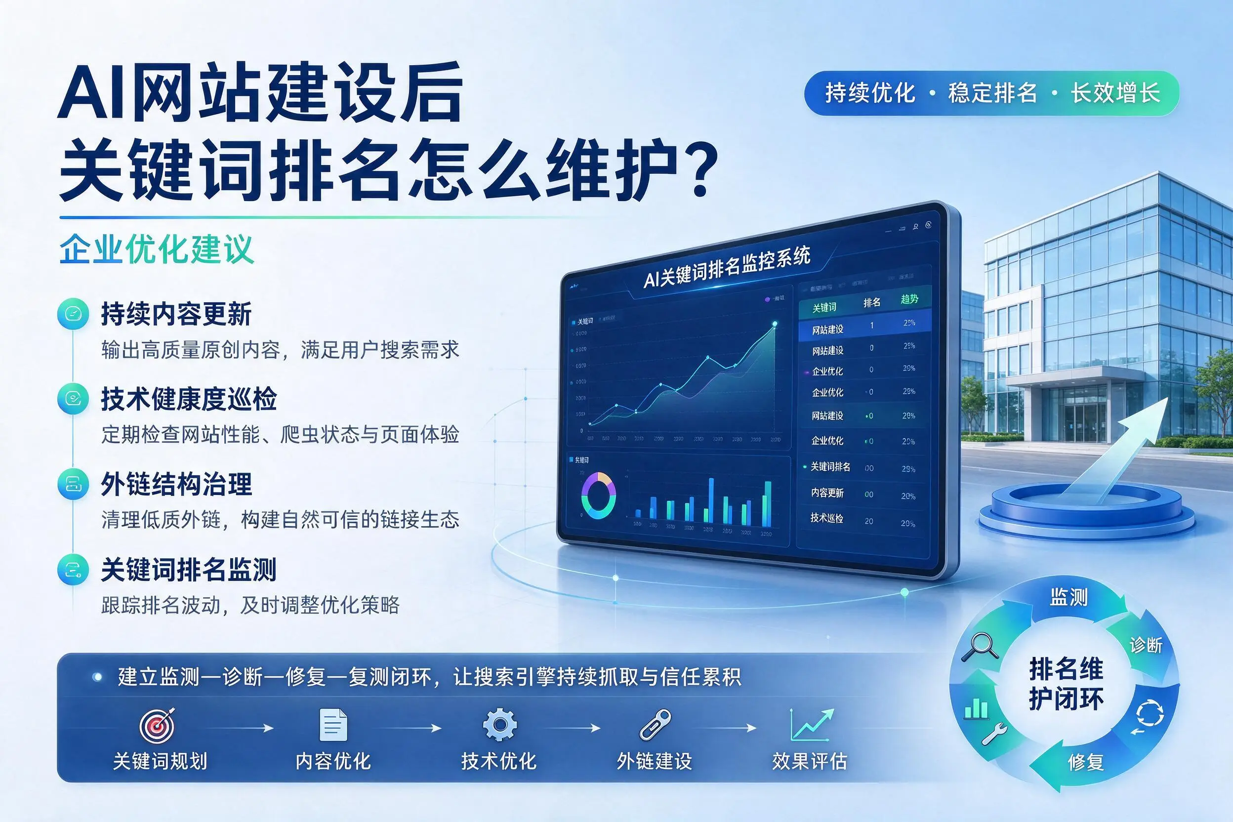 AI网站建设后关键词排名怎么维护?四平企业优化建议